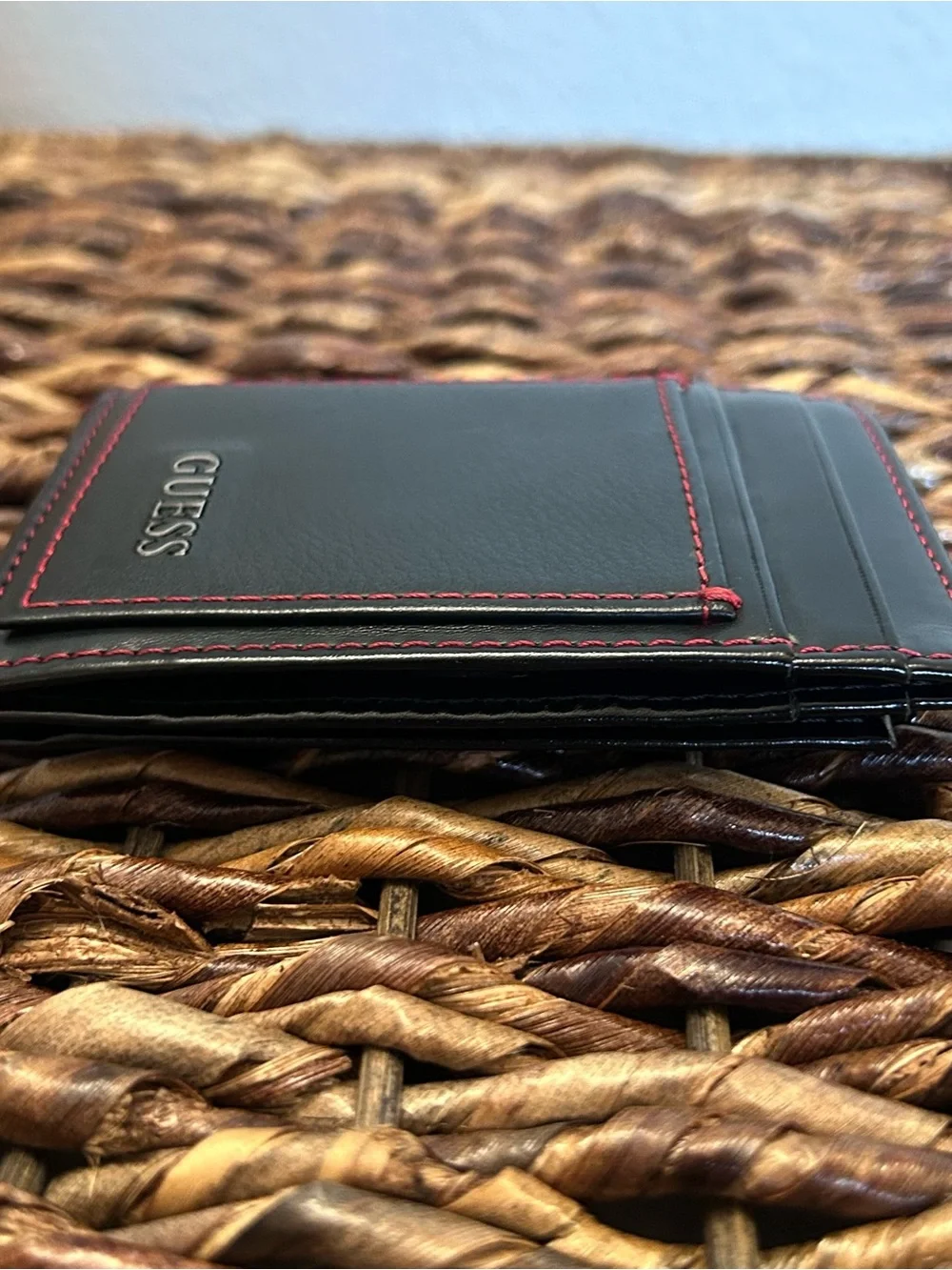 GUESS Black Money Clip Card Holder with Red Stitching